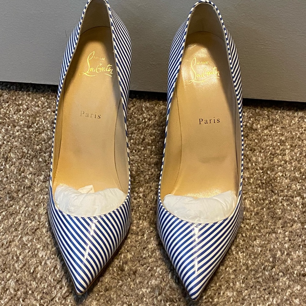 Christian louboutin white and blue striped pointed pumps